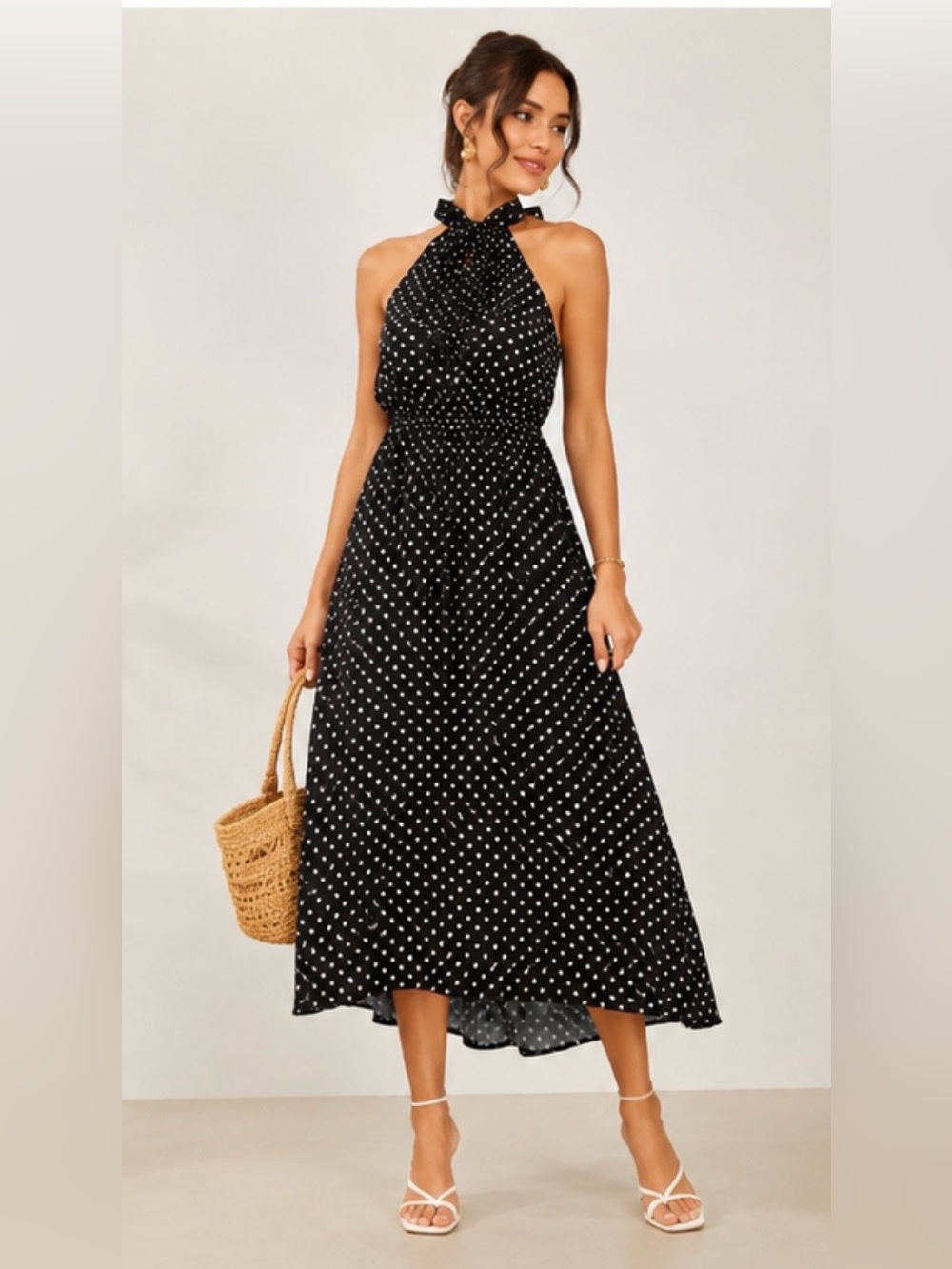 Retro Black Polka Dot Halter Midi Dress